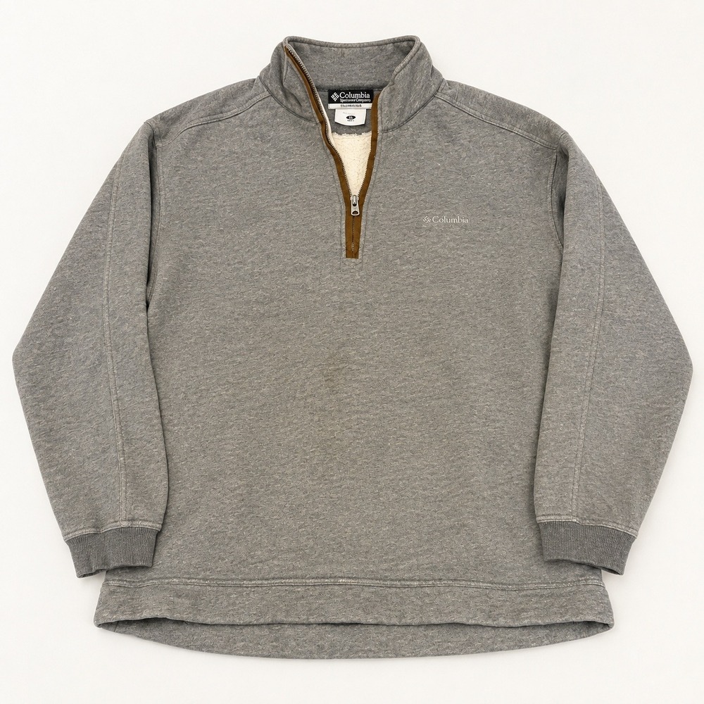 Columbia Mens XL Gray Heather Quarter-Zip Fleece Pullover Brown Trim Sweater